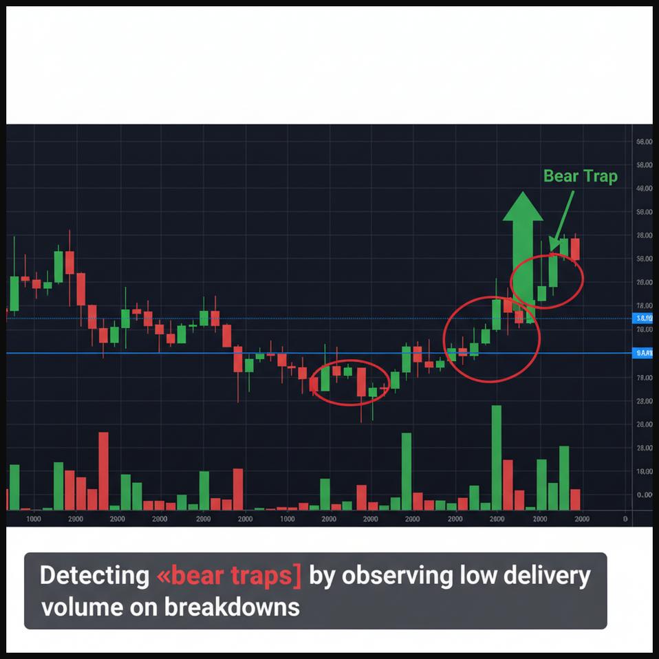 Stock chart illustrating a bear trap with a false breakdown below support, characterized by low delivery volume.