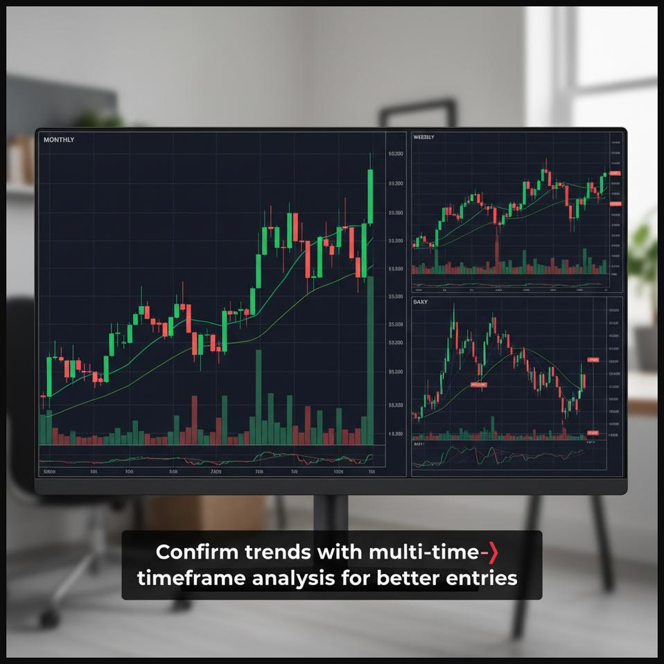 Three stock charts displayed side-by-side: monthly, weekly, and daily, all showing a consistent bullish trend, illustrating multi-timeframe analysis.