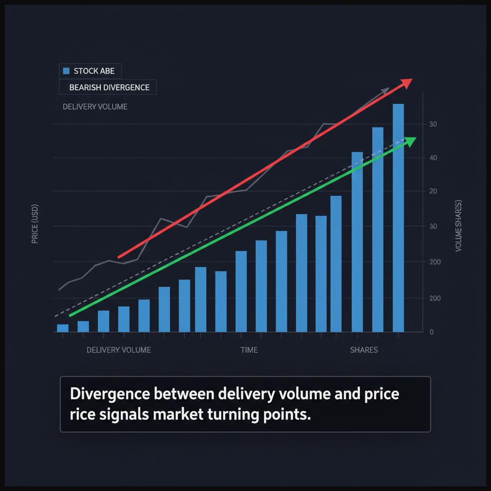 Stock chart depicting delivery volume and price divergence, highlighting potential trend reversals.