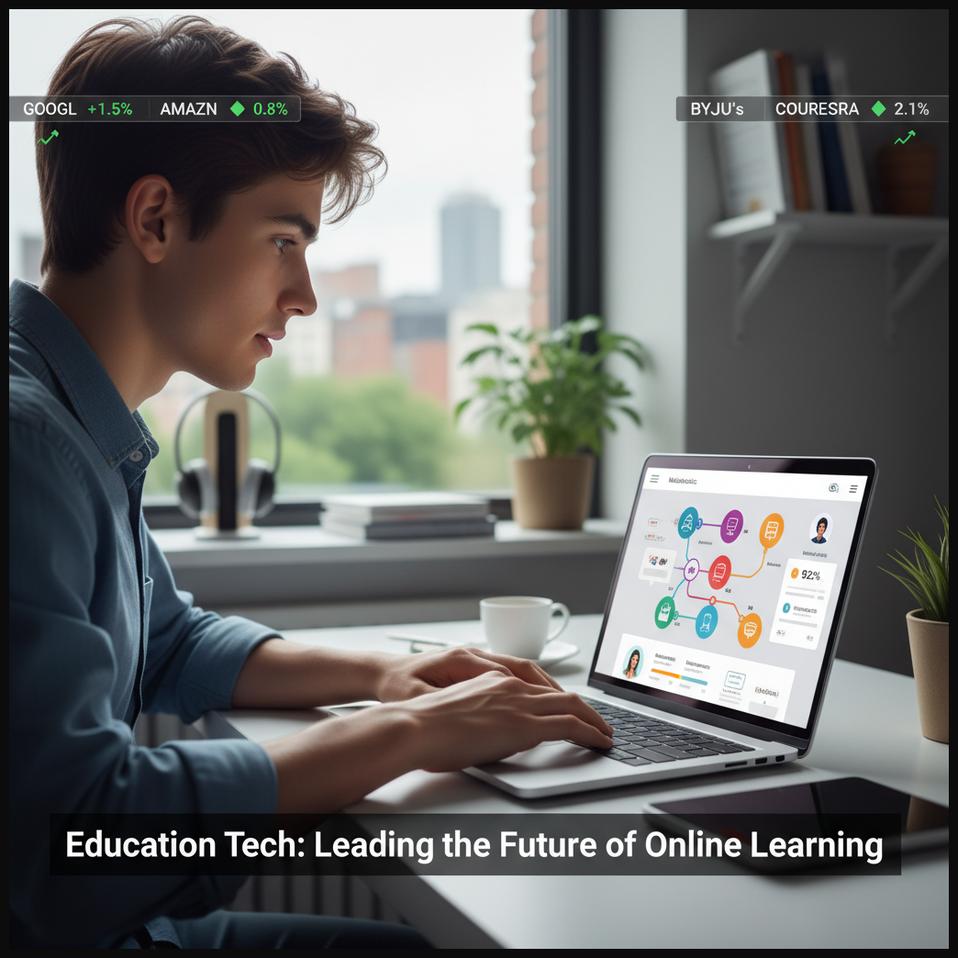 Student engaging with an adaptive online learning platform on a laptop, representing an education tech innovations company leading the future of online learning.