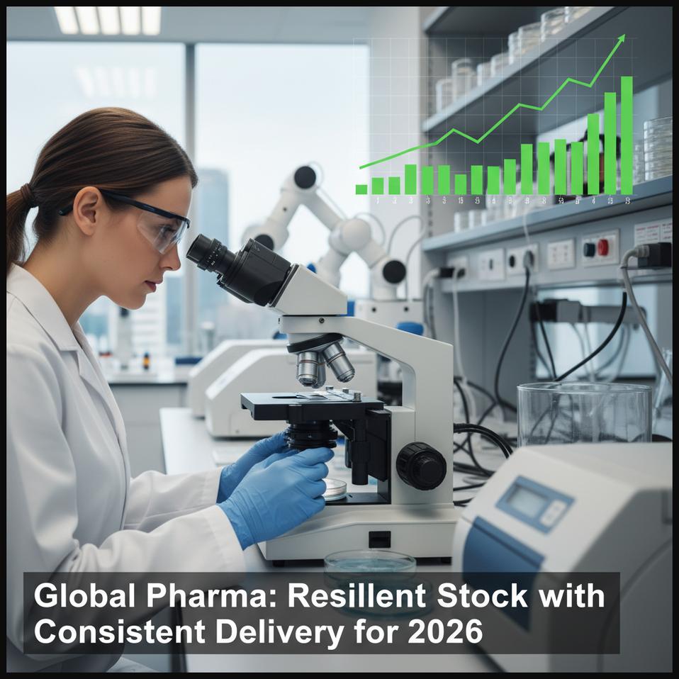 Scientist working in a pharmaceutical lab, with stock market charts in the background, symbolizing a pharma company with consistent delivery volumes and strong R&D.