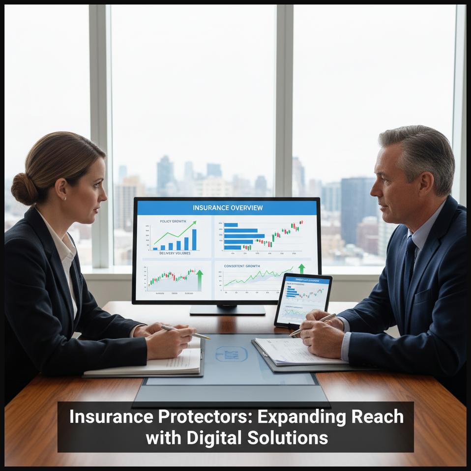 Financial advisor discussing an insurance policy with a client in a modern office, symbolizing an insurance company expanding its reach with digital solutions and stable delivery volumes.