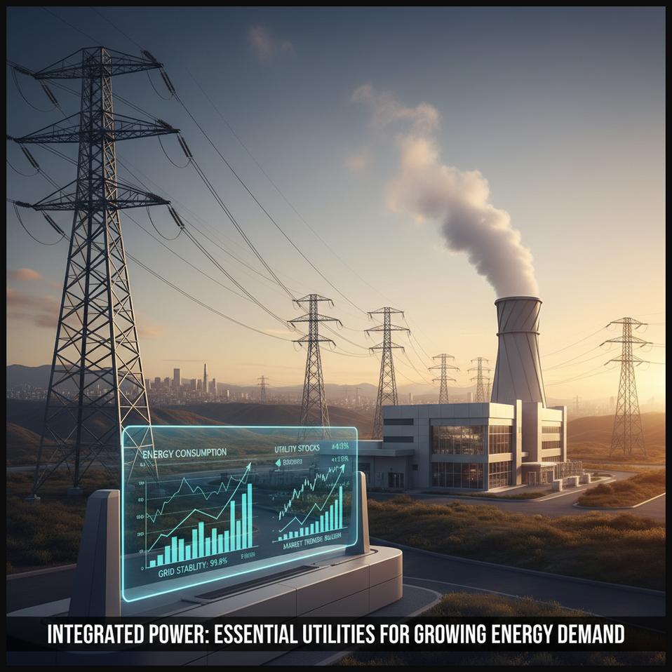 Modern power plant with electricity transmission lines and a smart grid display, representing an integrated power utility providing essential services for growing energy demand.