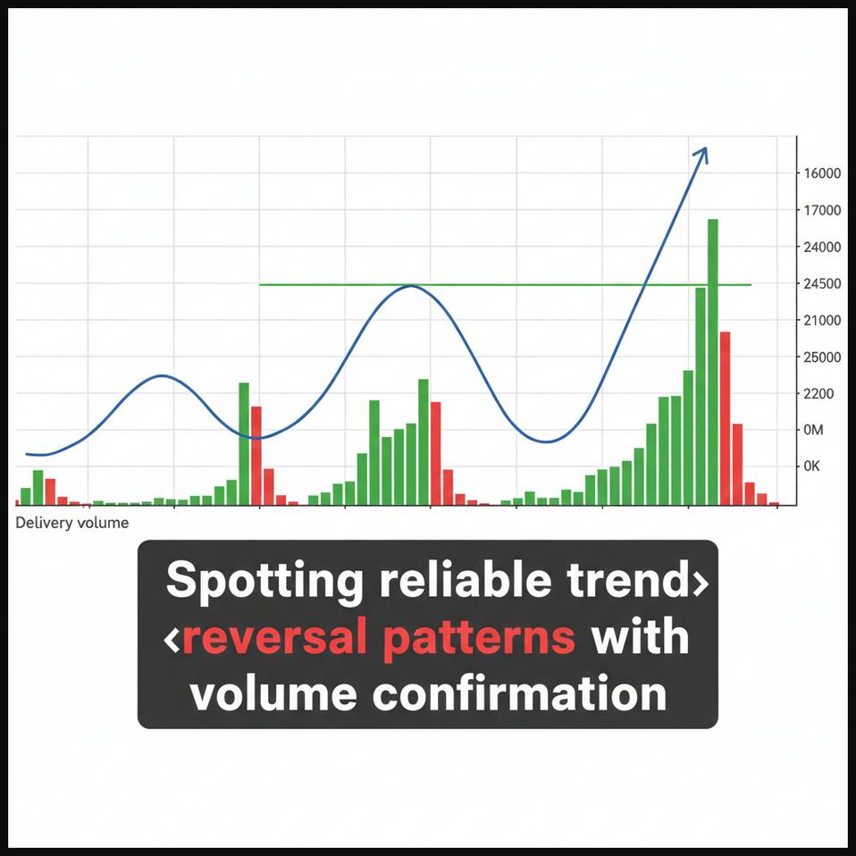 Stock chart displaying a bullish reversal pattern like a double bottom, confirmed by increasing delivery volume.
