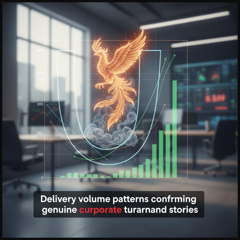 Stock chart illustrating a company's turnaround with increasing delivery volume during its recovery phase, confirming growing investor confidence.