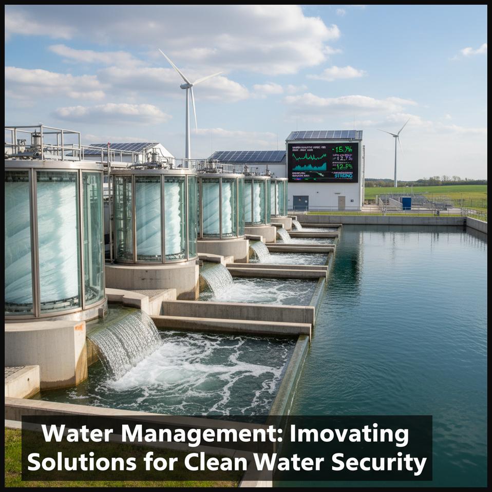 Modern water treatment plant with filtration systems, representing a water management solutions company innovating for clean water security.